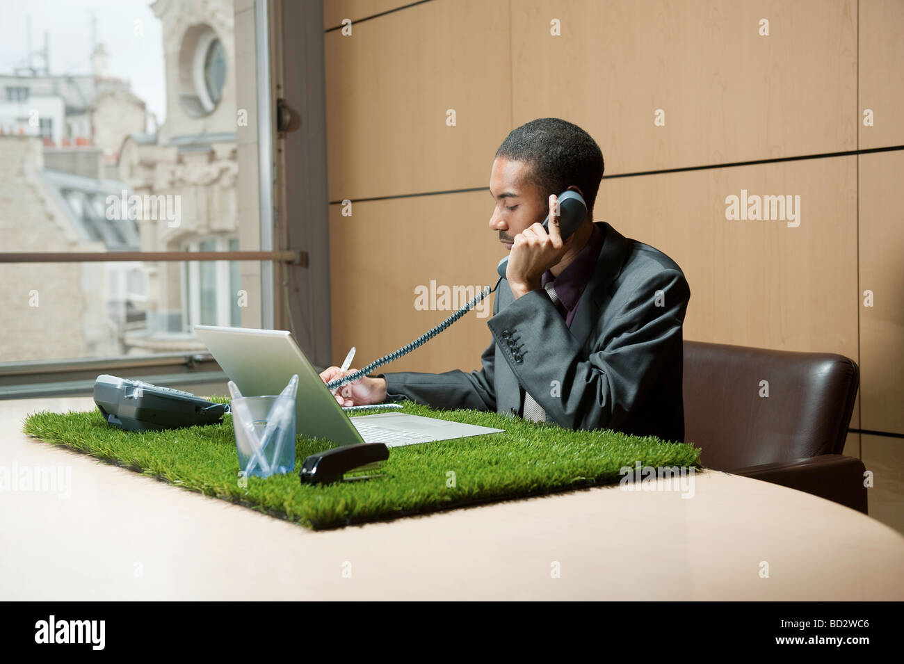 Man phoning at grasscovered desk Stock Photo Alamy