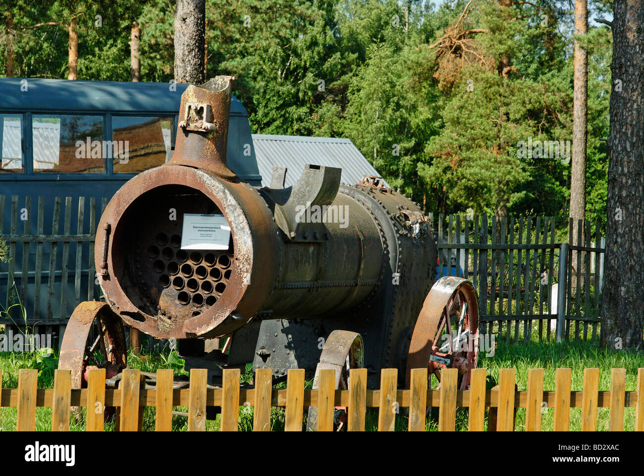 Old steam locomobile produced in Germany End of XIX century Narrow gauge railroad museum in Pereslavl Zalesskyi Russia Stock Photo