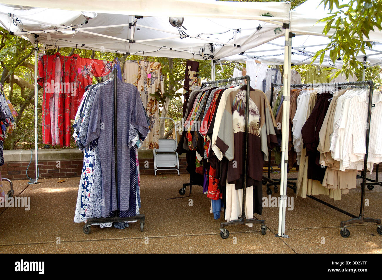 An outdoor market in the USA, selling Kimonos and other Japanese style clothing. Stock Photo