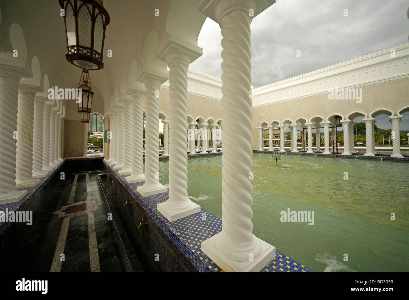 Fountain and pillars in the Royal Mosque of Sultan Omar Ali Saifuddin in Bandar Seri Begawan Brunei Asia Stock Photo
