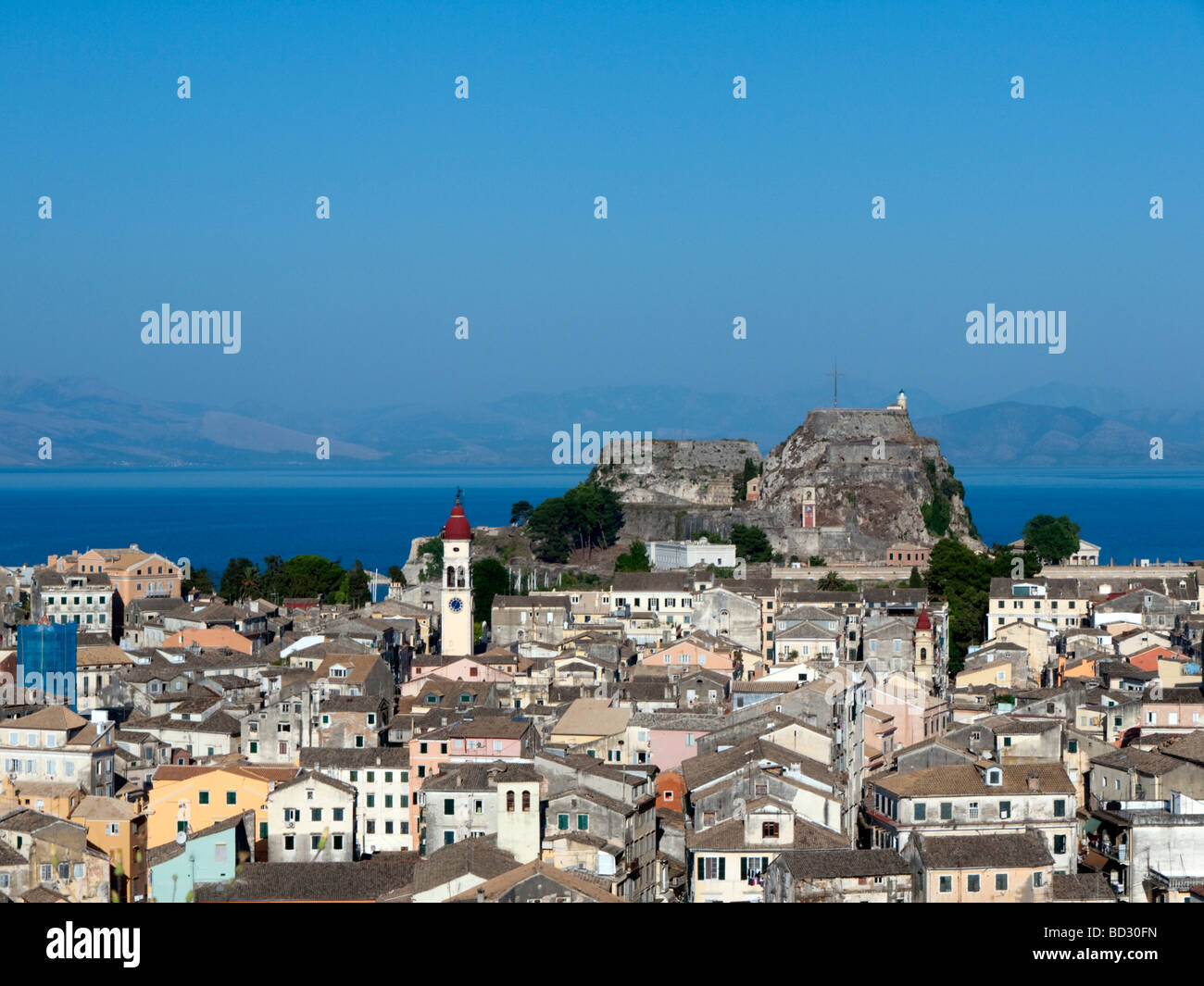 View over old town of Kerkyra towards Old Fortress on Corfu Island in Greece Stock Photo