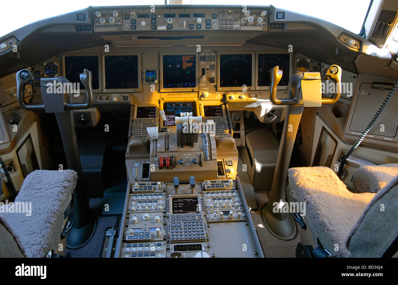 Flight instruments on an instrument panel in a cockpit of Boeing 777