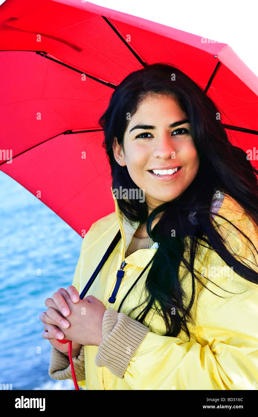 Portrait of beautiful smiling girl wearing yellow raincoat