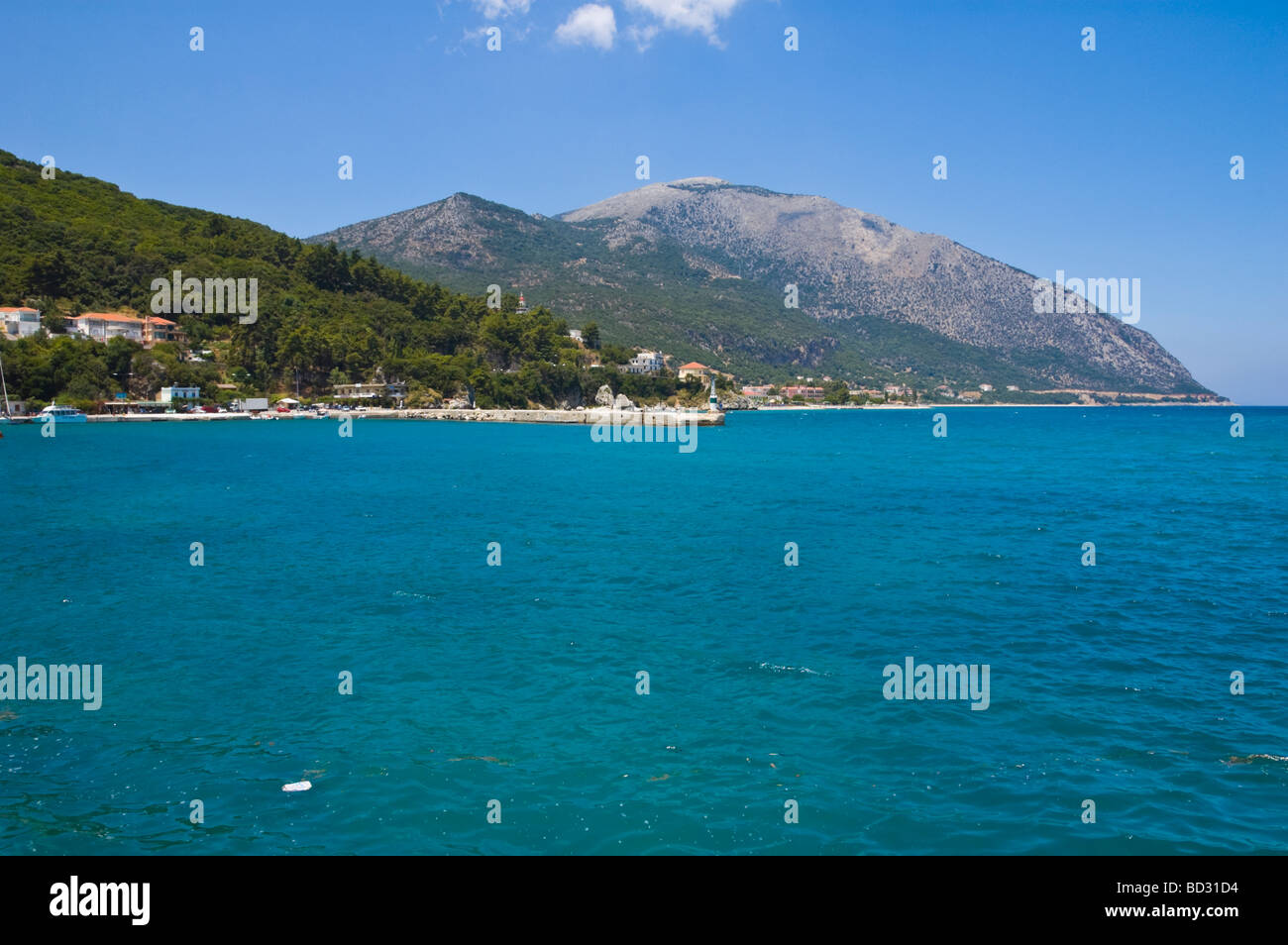 Scenic view over Poros harbour toward mountains on the Greek island of Kefalonia Greece GR Stock Photo