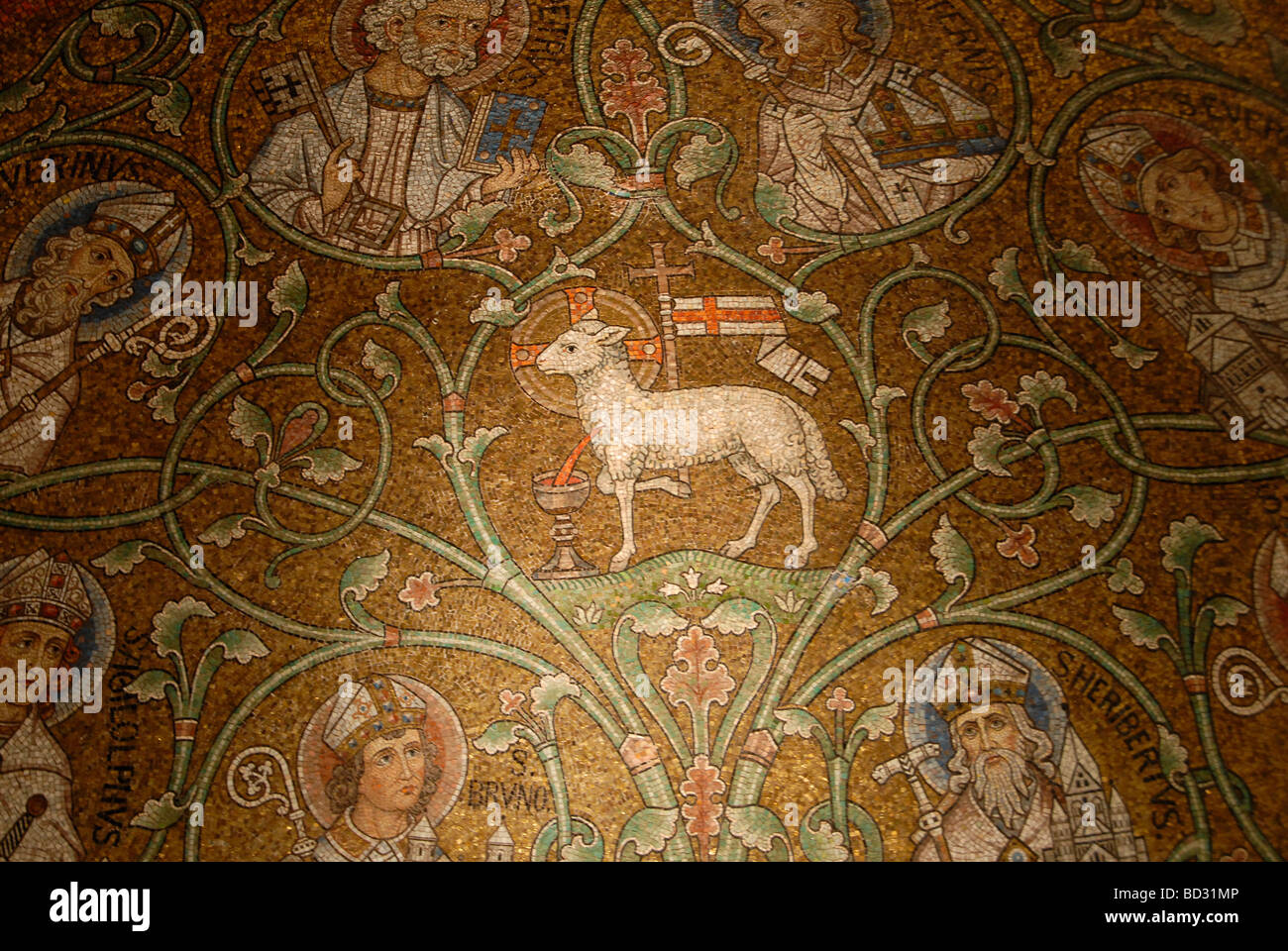 Mosaic of Agnus Dei the Lamb of God among the saints inside the Church of the Dormition abbey in mount Zion Old city East Jerusalem Israel Stock Photo