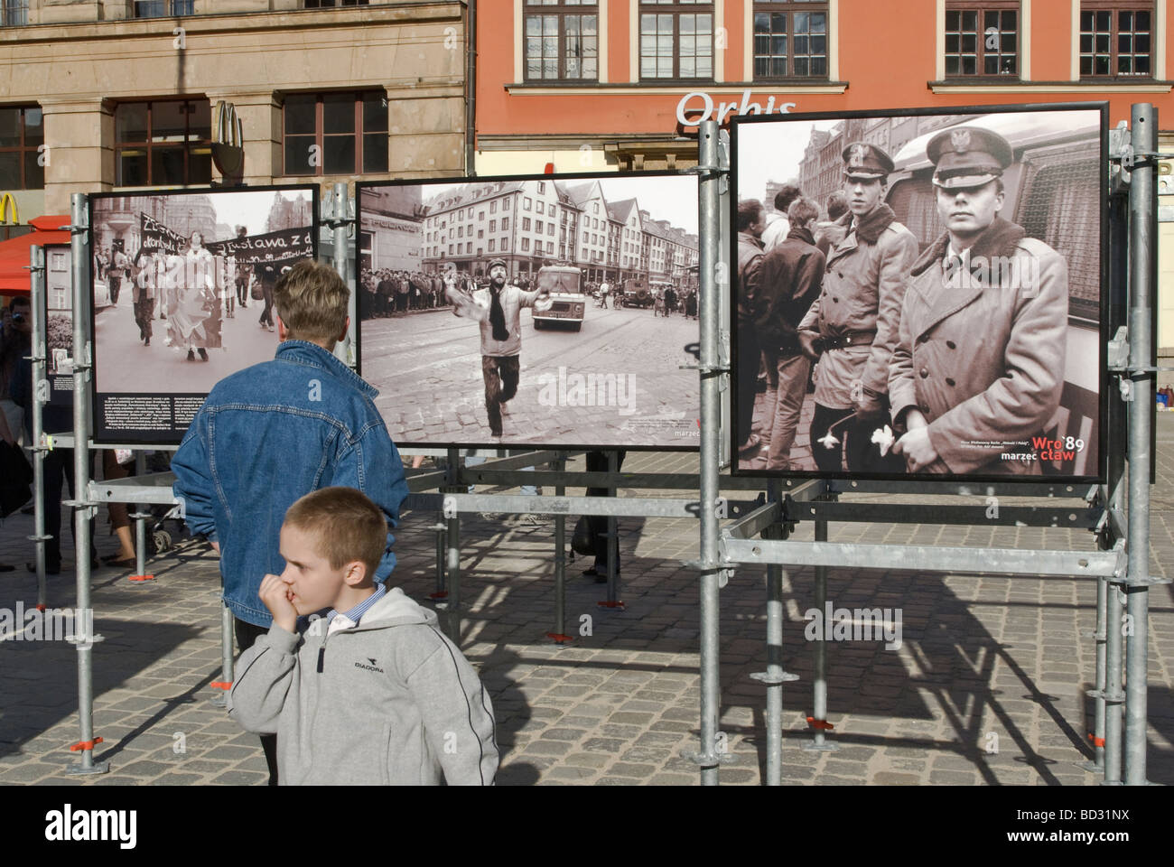 Historic photographs taken in Wrocław in June 1989 during collapse of communism and shown in June 2009 in Wroclaw Poland Stock Photo