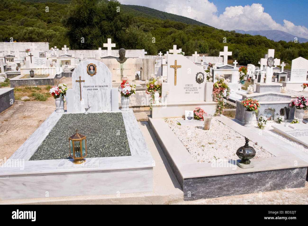 Traditional Greek cemetery with white marble tombs at Sami on the