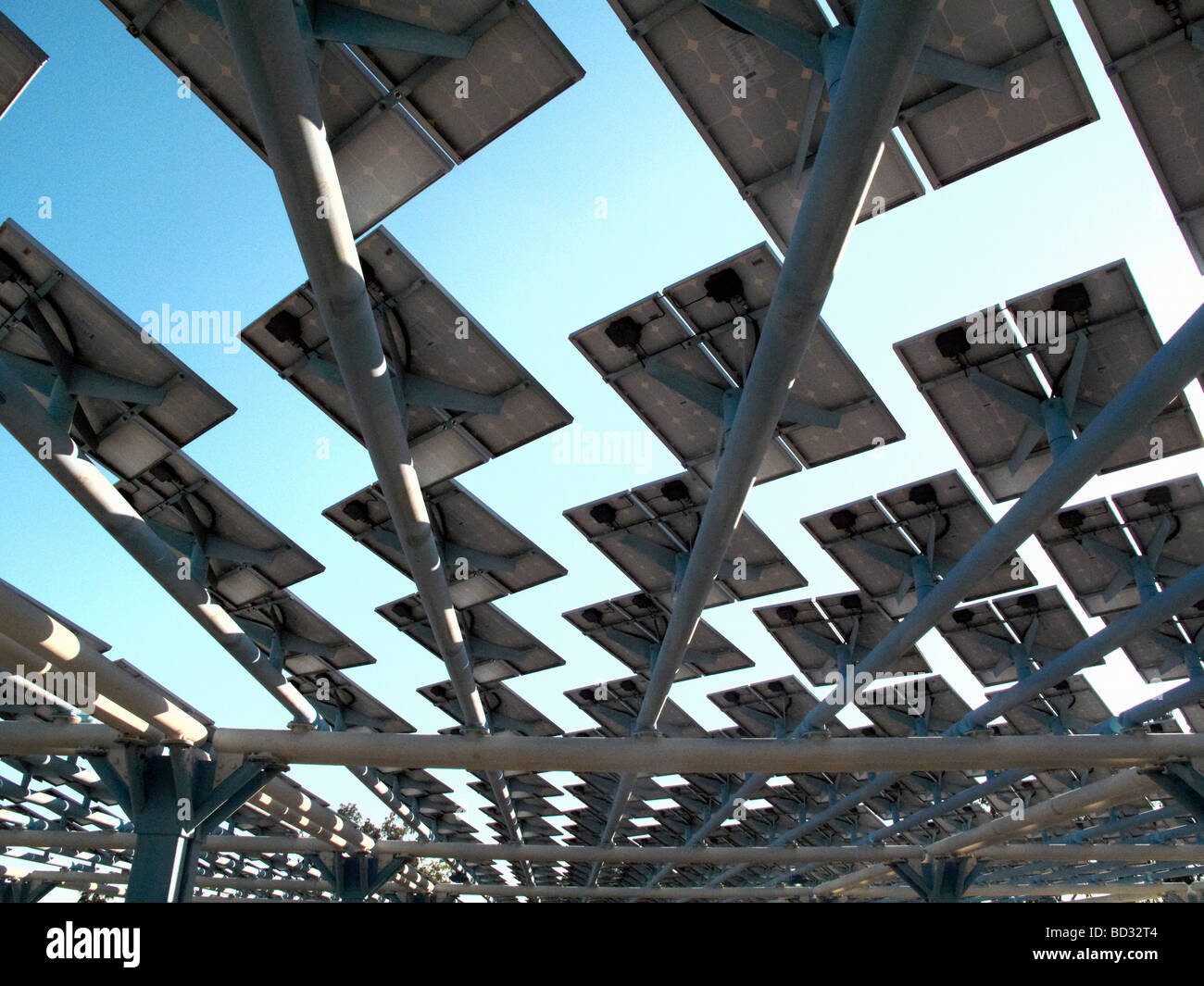 Solar panels creating shade on roof Stock Photo