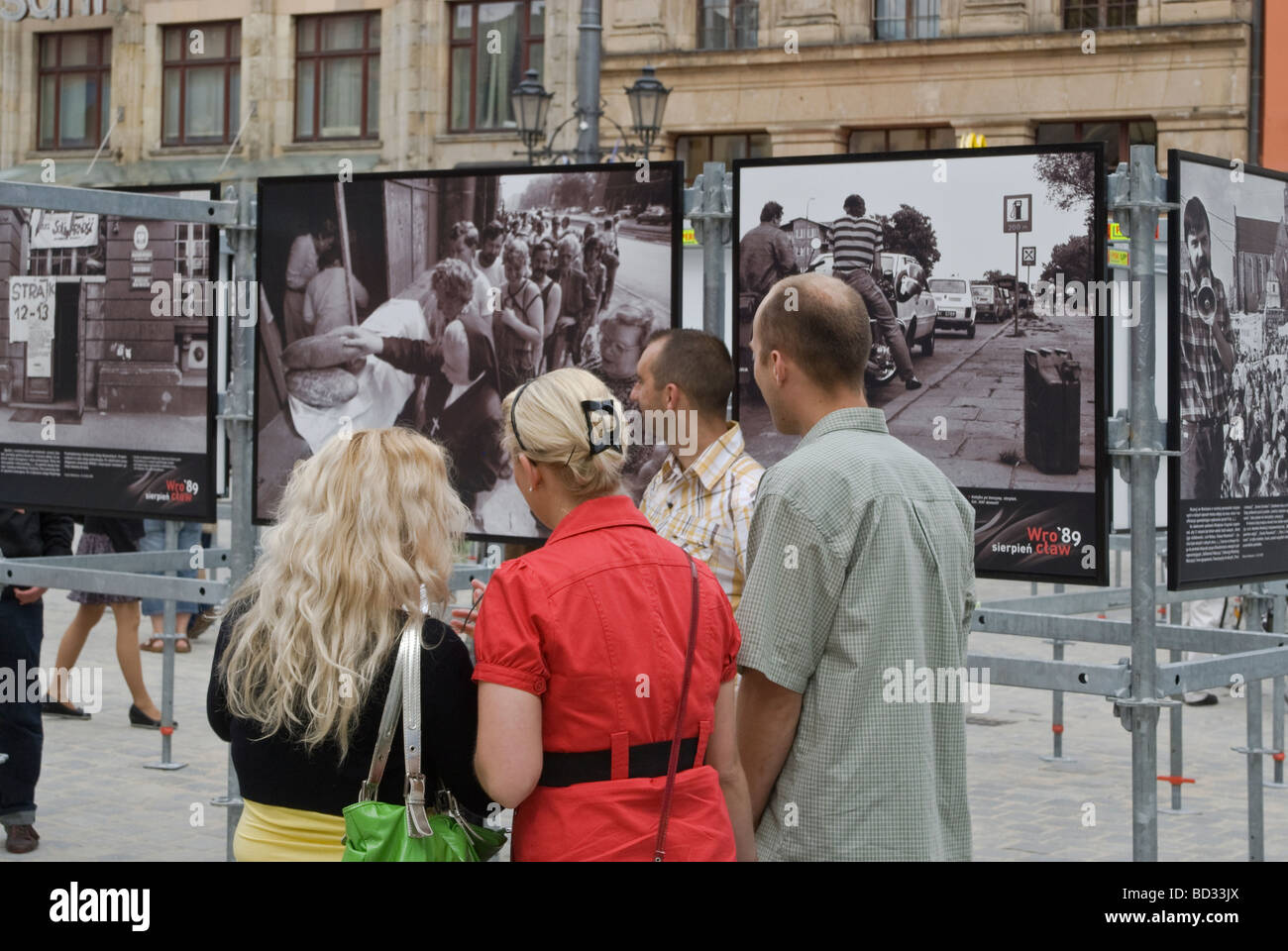 Bread and petrol lines in historic photos from Wrocław June 1989, communism collapse, displayed June 2009, Wrocław, Poland Stock Photo