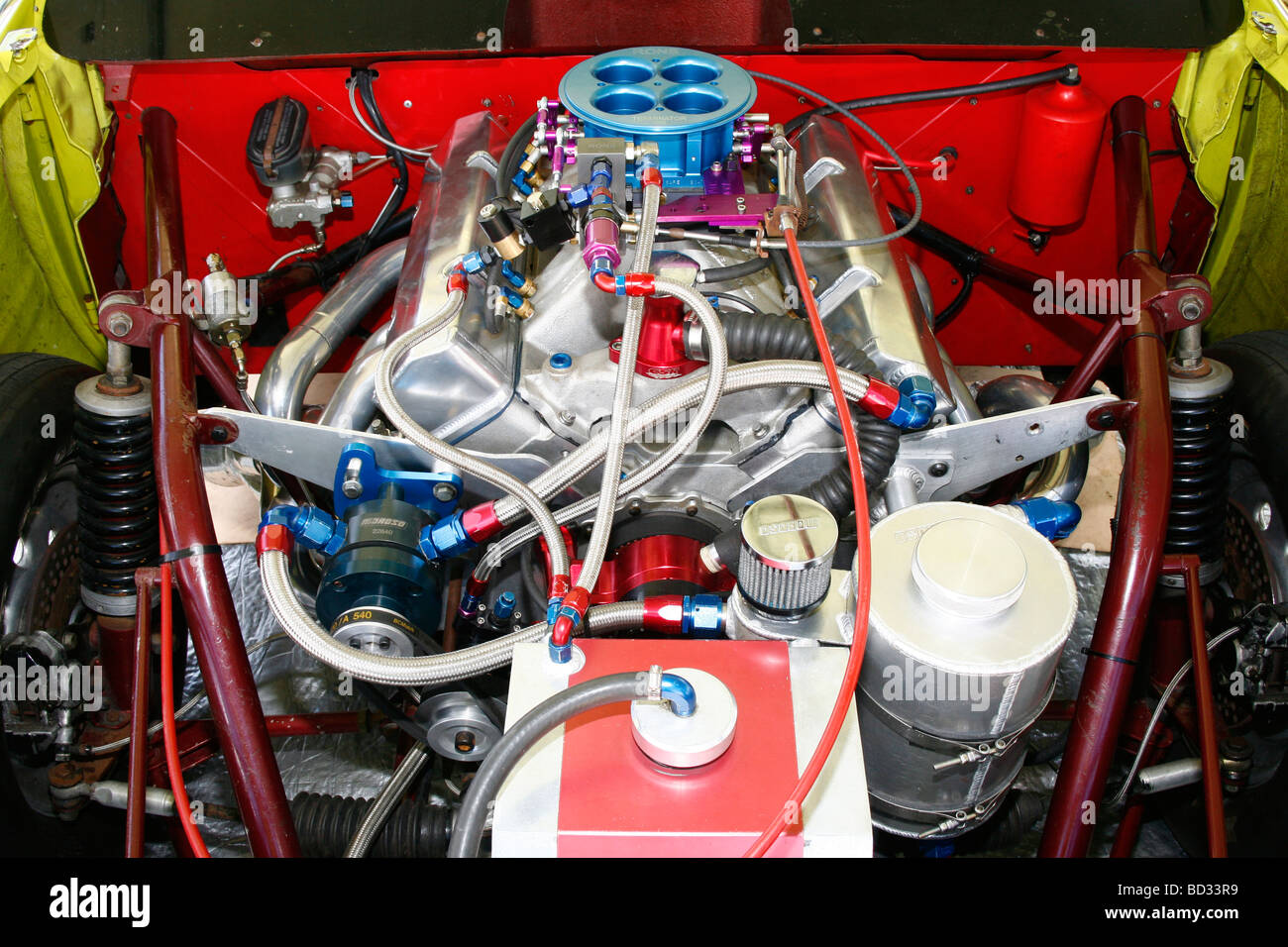 Heavily modified Chevrolet V8 engine in a drag racing car Stock Photo