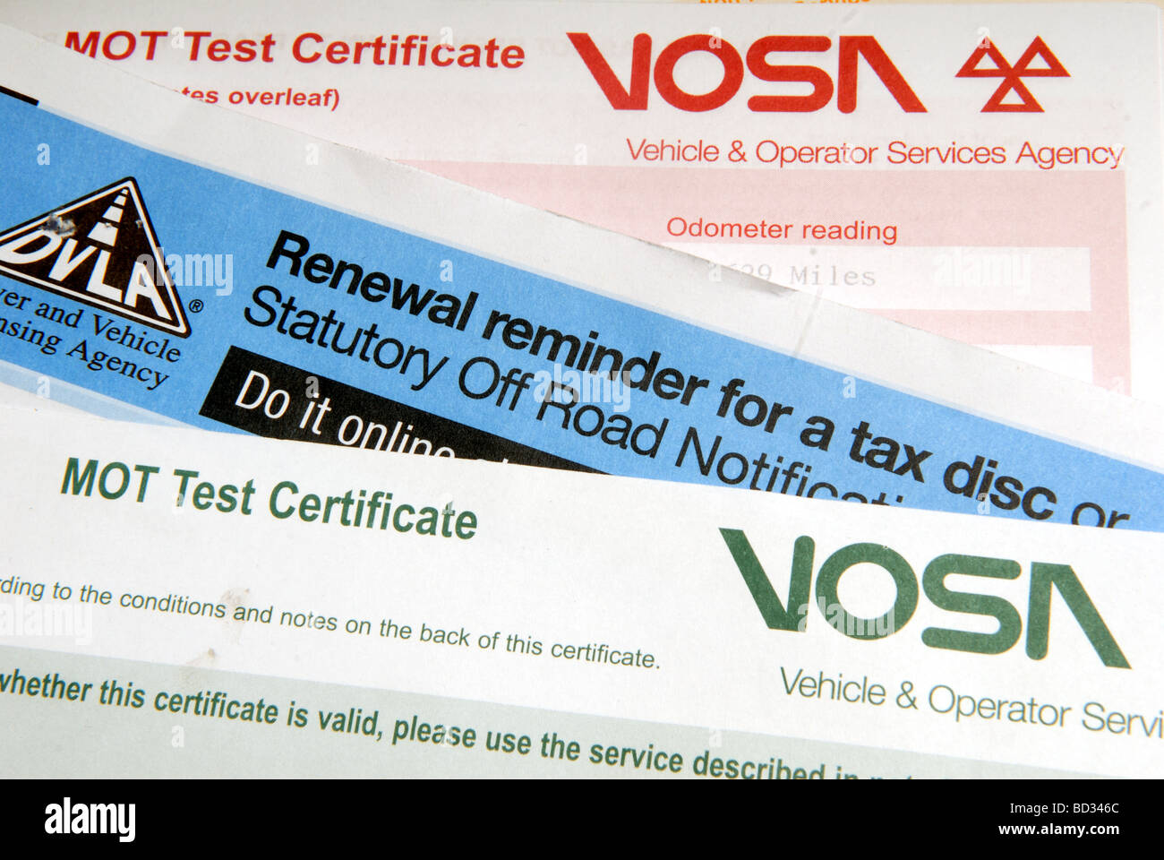 Mot Certificate and Tax Reminder Forms. Stock Photo
