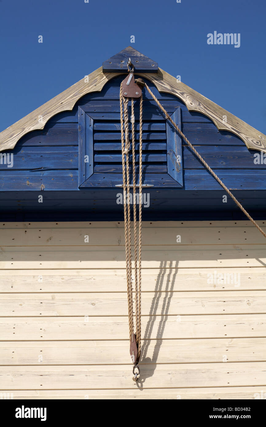 Close up of beach hut with block and tackle at Mudeford Hengistbury Head Christchurch, Bournemouth, Dorset in Spring Stock Photo