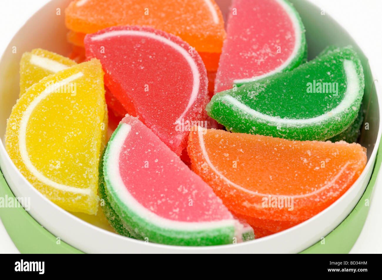 Jelly Fruit Slices in a box / Jelly Sweets, sugar coated Stock Photo ...