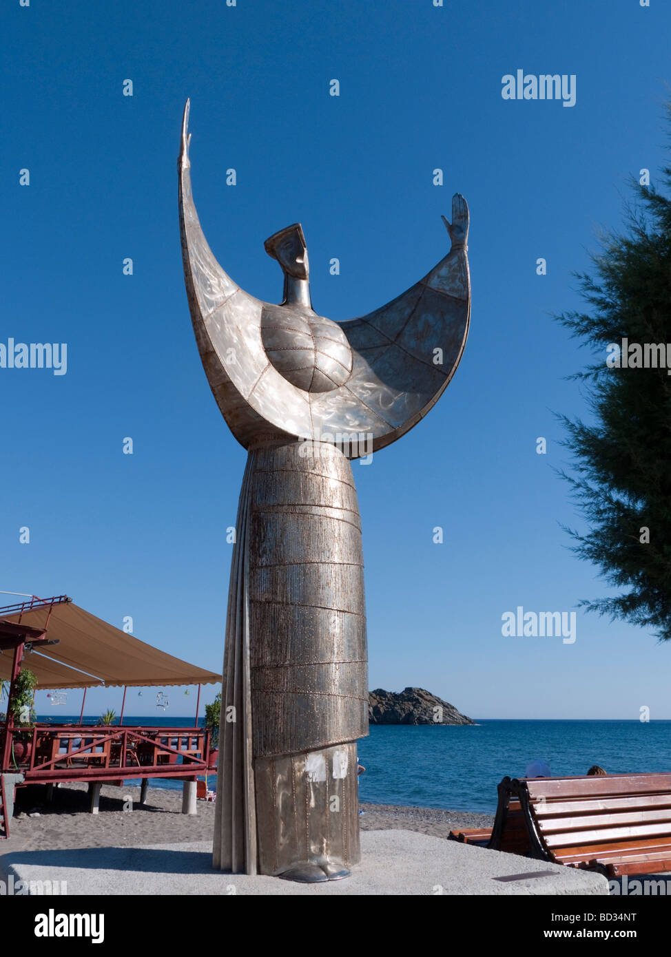 Modern sculpture at small village of Skala Eresou on Lesvos Island in Greece Stock Photo