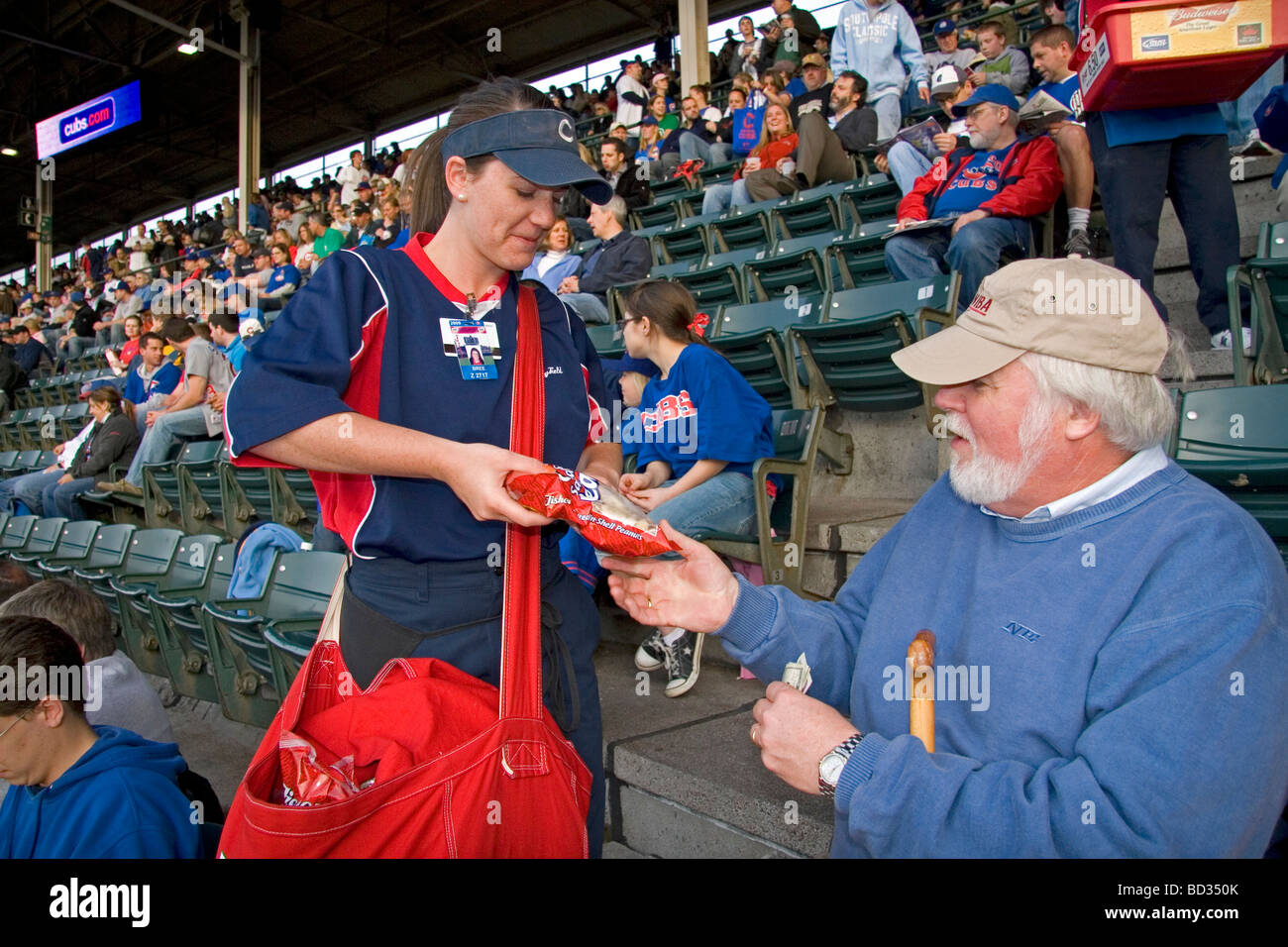 Female vendor selling peanuts during a Cubs baseball game at Wrigley