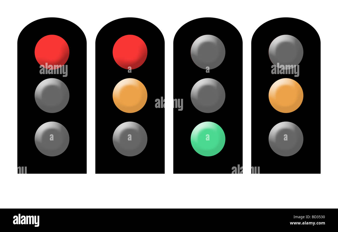 Sequence of traffic lights red amber and green isolated on white