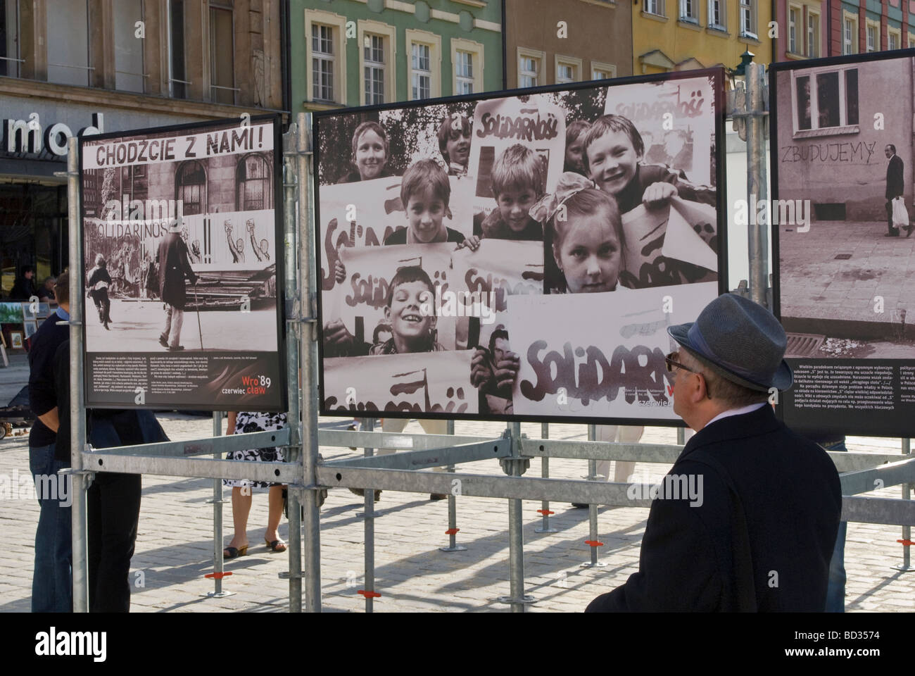 COME WITH US and SOLIDARITY signs in historic photos Wrocław June 1989 communism collapse, displayed June 2009 in Wrocław Poland Stock Photo