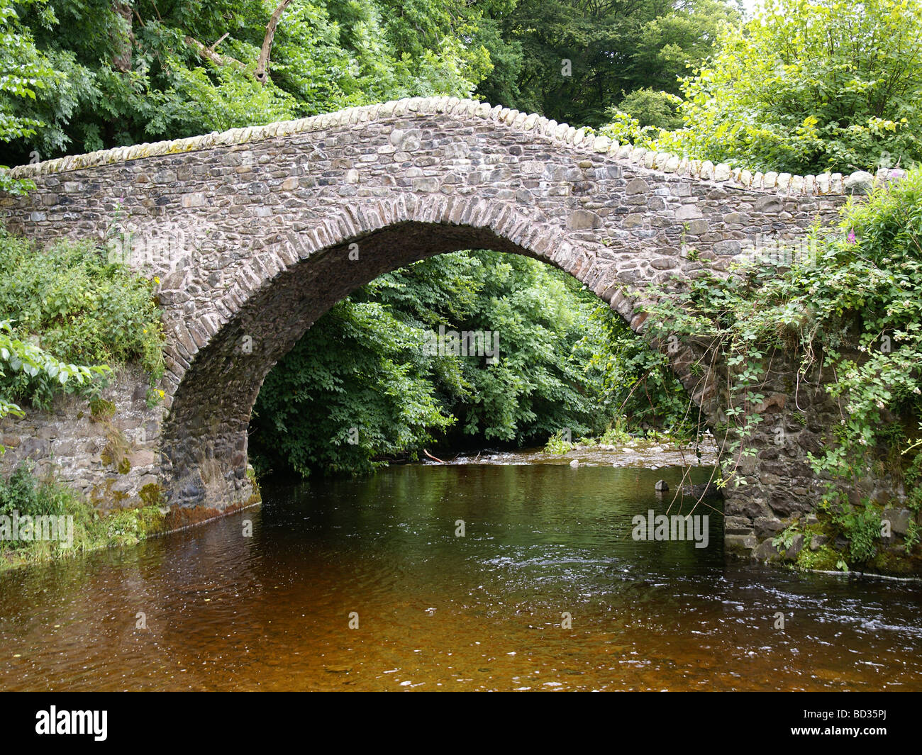 The Cuddy Bridge old narrow stone bridge over the river Leithen Water at Innerleithen on the old drove road. Stock Photo