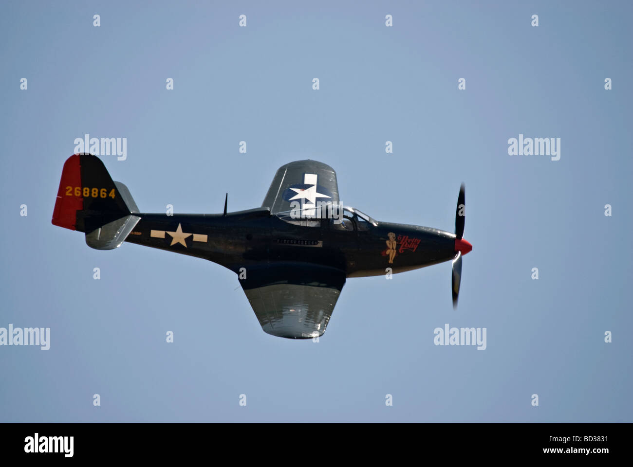 A P-63 Kingcobra flies at an air show. Stock Photo