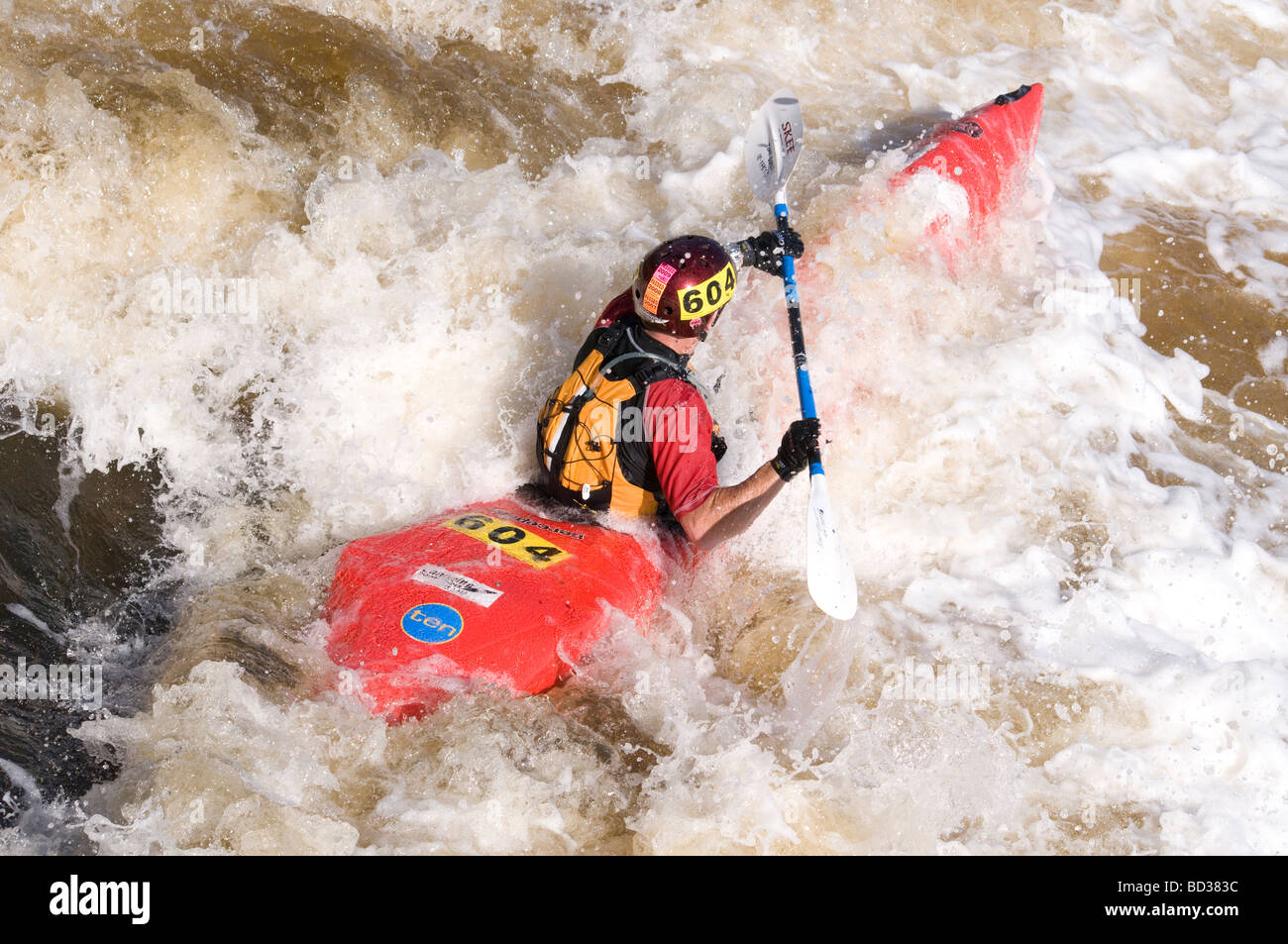 Kayaker shooting Bells Rapids in the annual West Australian whitewater classic the Avon Descent Stock Photo
