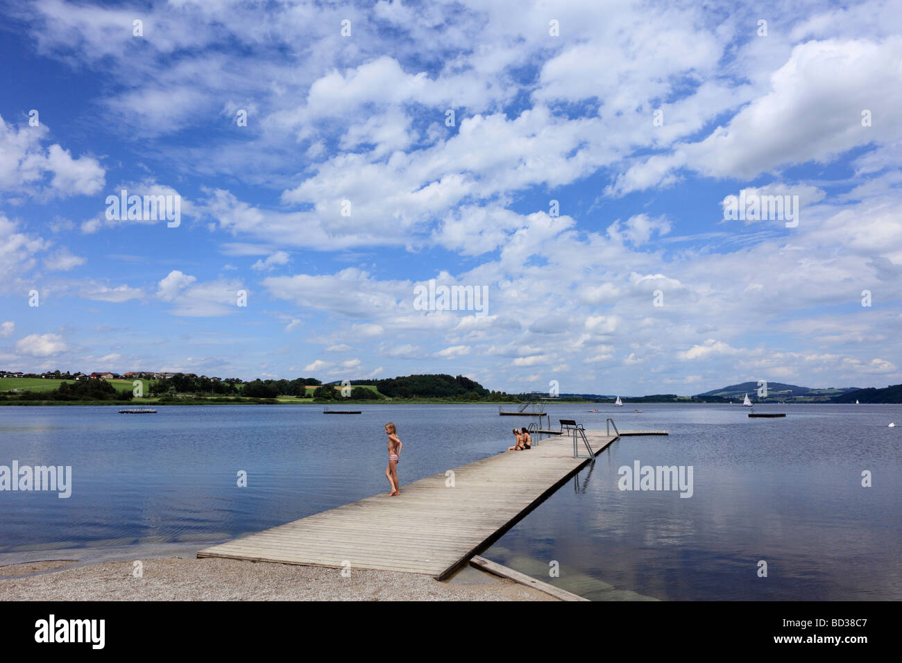 Footbridge at Wallersee Lake in Seekirchen, Flachgau, Salzburger Land, Salzburger Seeland, Land Salzburg, Austria, Europe Stock Photo