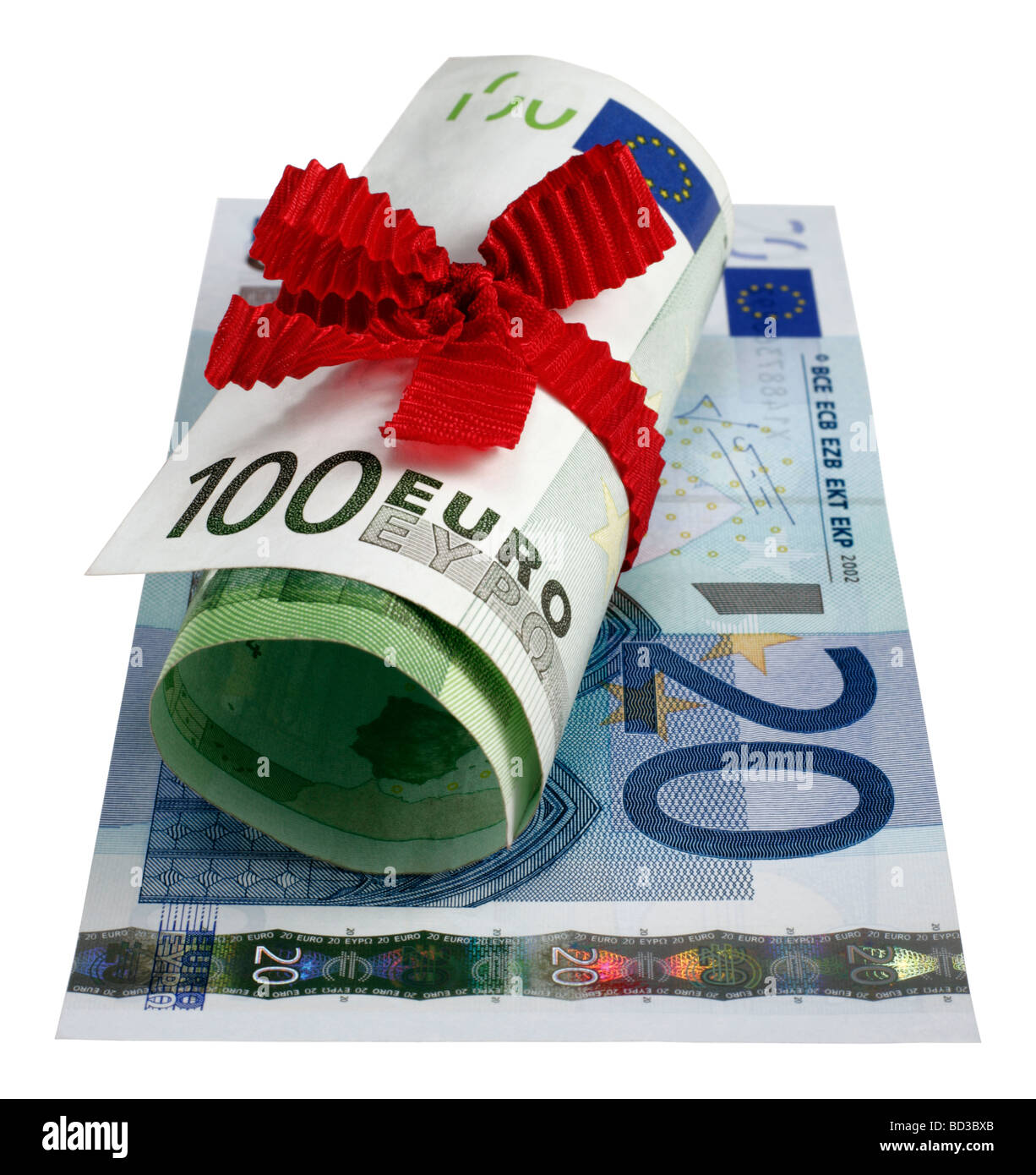Euroscheine mit Geschenkschleife Euro lights with gift loop Stock Photo