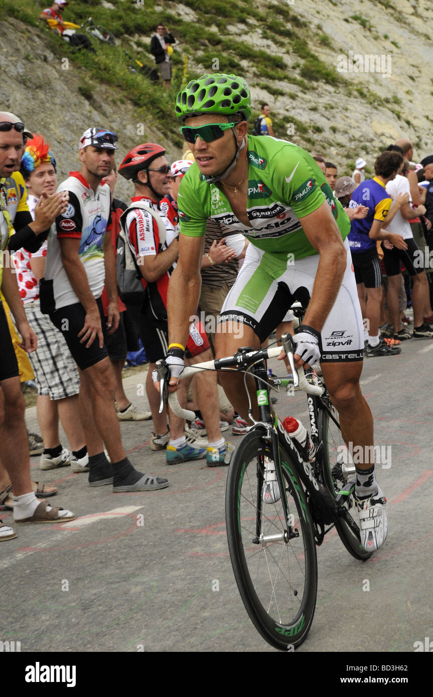 Thor Hushovd: Tour de France 2009, approaching the summit of Col de la Colombiere. Stock Photo