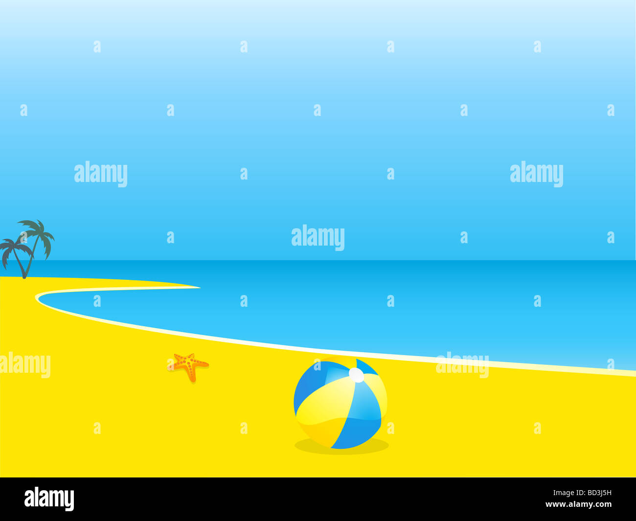 holiday beach scene with palm trees starfish and beach ball Stock Photo