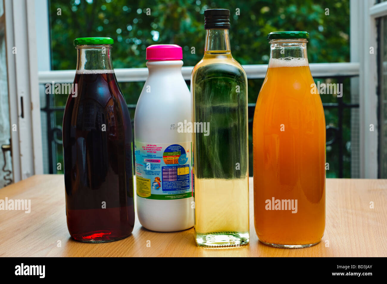 Four Bottles Green Products French Natural Organic Food Drink Products, Fruit Juice, Milk, Soja