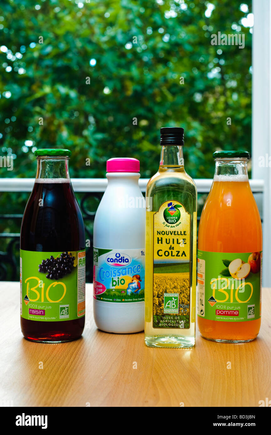 Four Bottles Green Products French Natural Organic Products, Fruit Juice, Milk, Soja Oil france finished products Stock Photo
