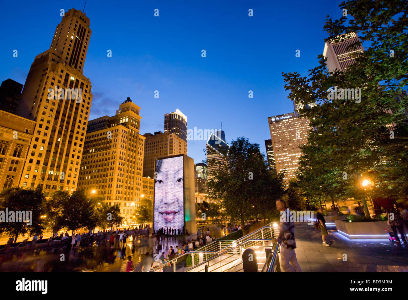 Crown Fountain in Millennium Park has giant video sculptures by Catalan artist Jaume Plensa Chicago Illinois Stock Photo
