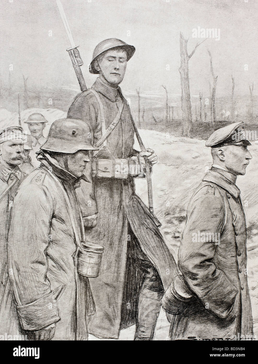 An American soldier guards German prisoners of war in First World War. Stock Photo