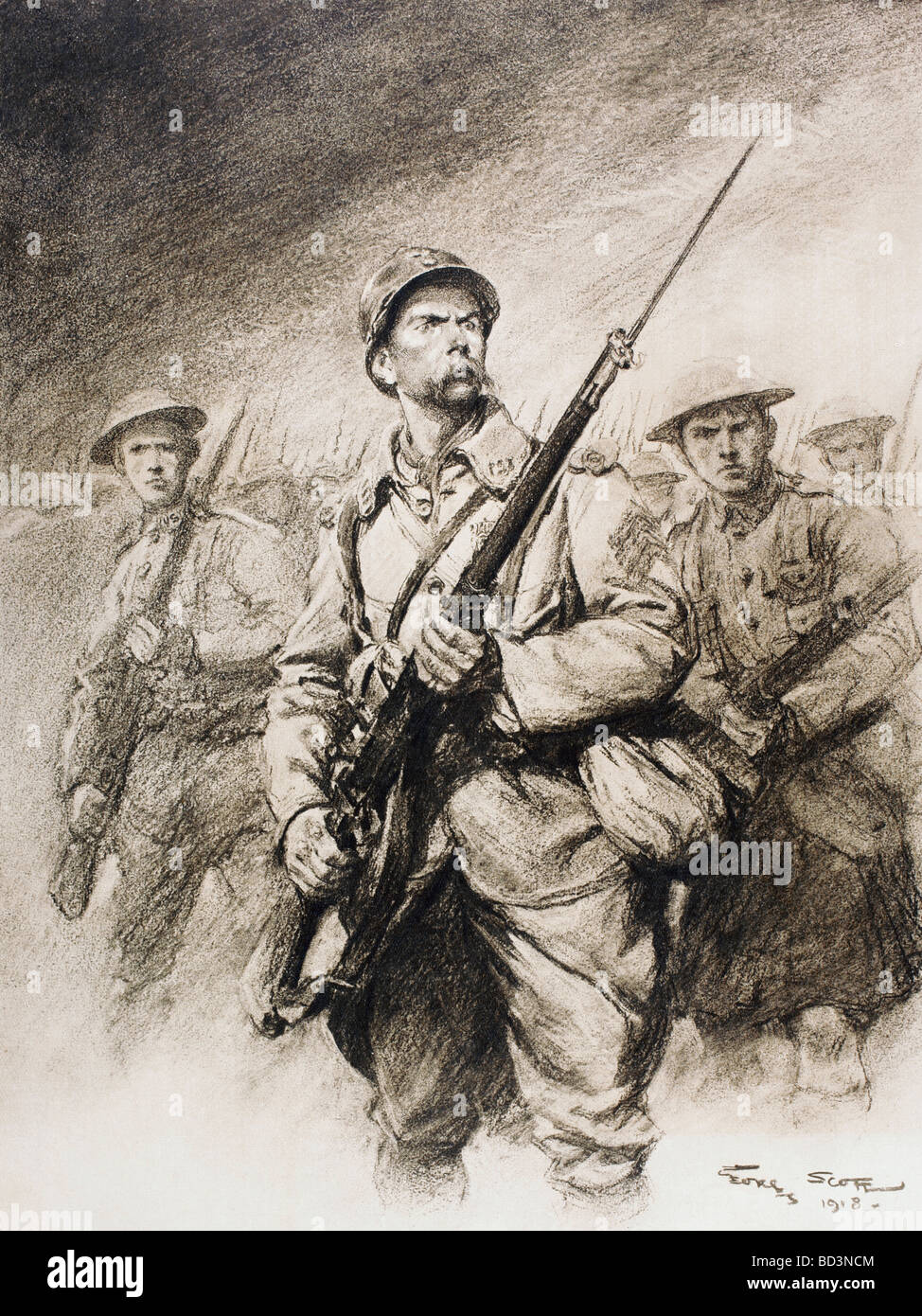 Foch's soldiers.  Showing French, Scottish, British and American soldiers with fixed bayonets. Stock Photo