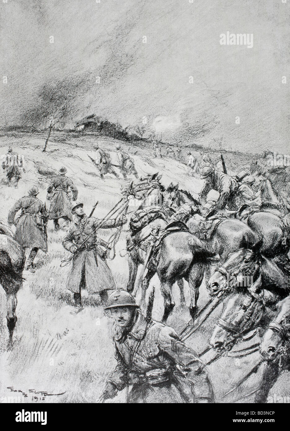 French cavalry deploying in a battle during the First World War. Stock Photo