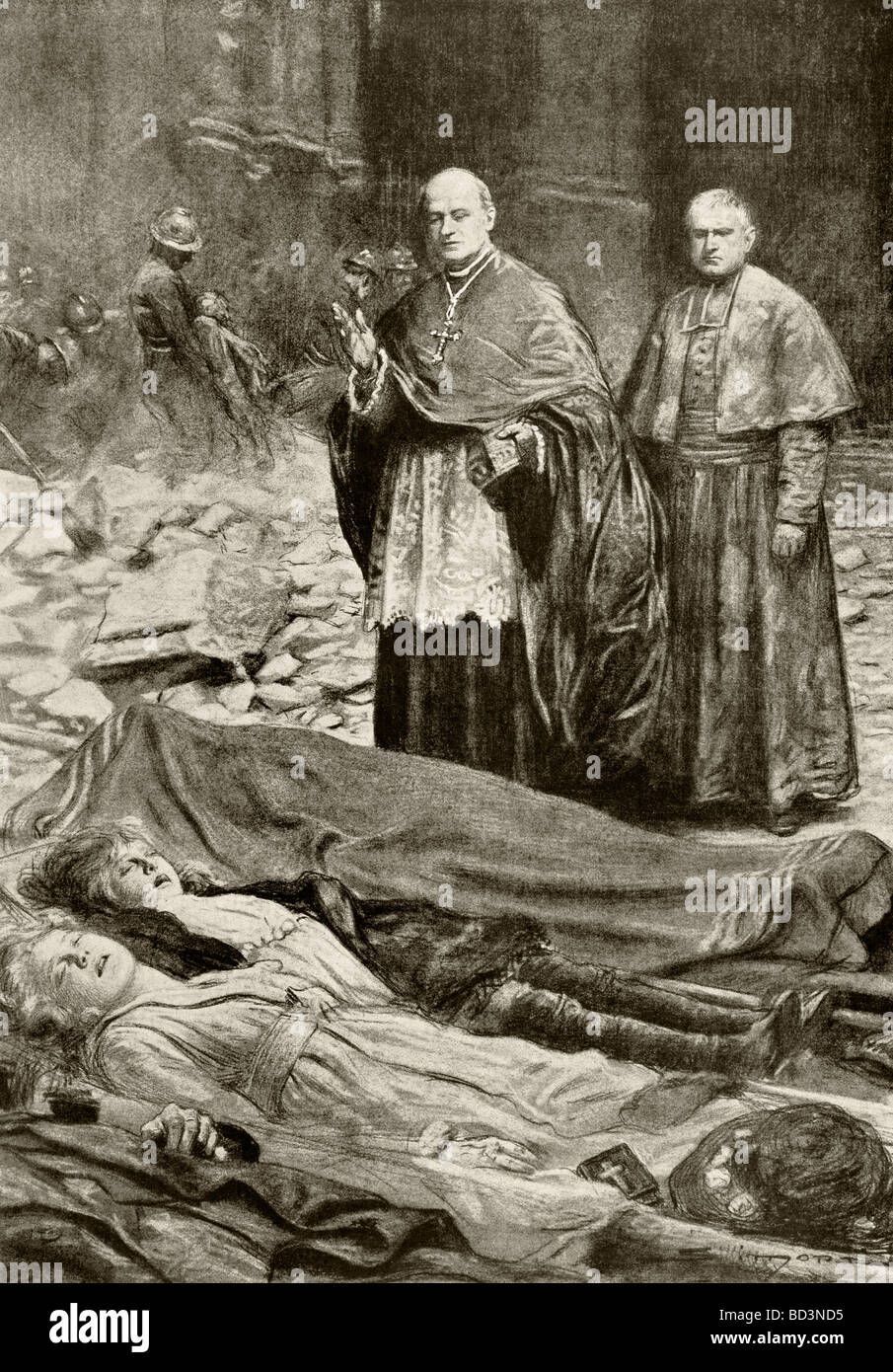 Dead civilians after a German shell lands on a Parisian church during the First World War. Stock Photo