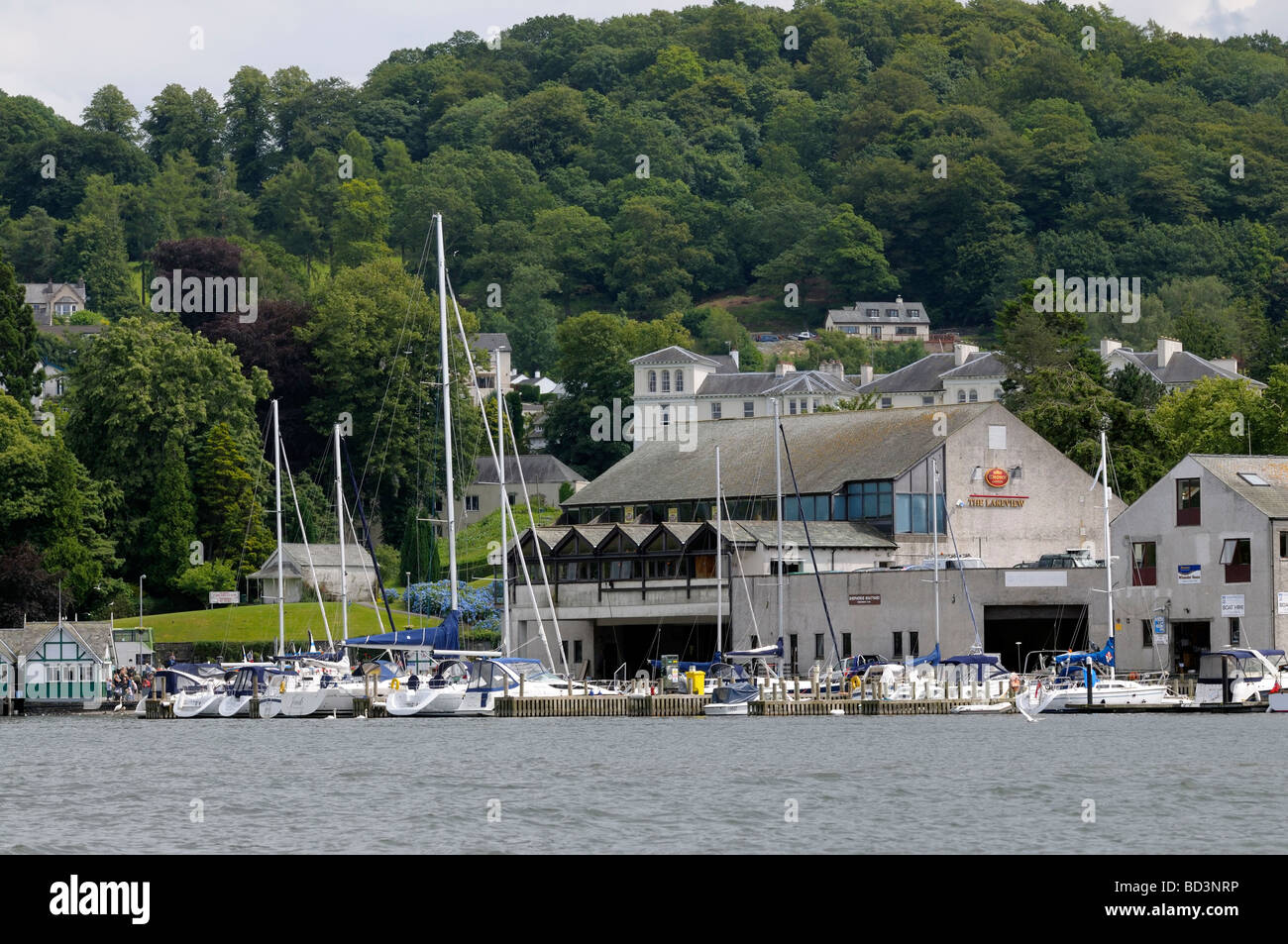 Lake front and marina at Bowness on Windermere Stock Photo