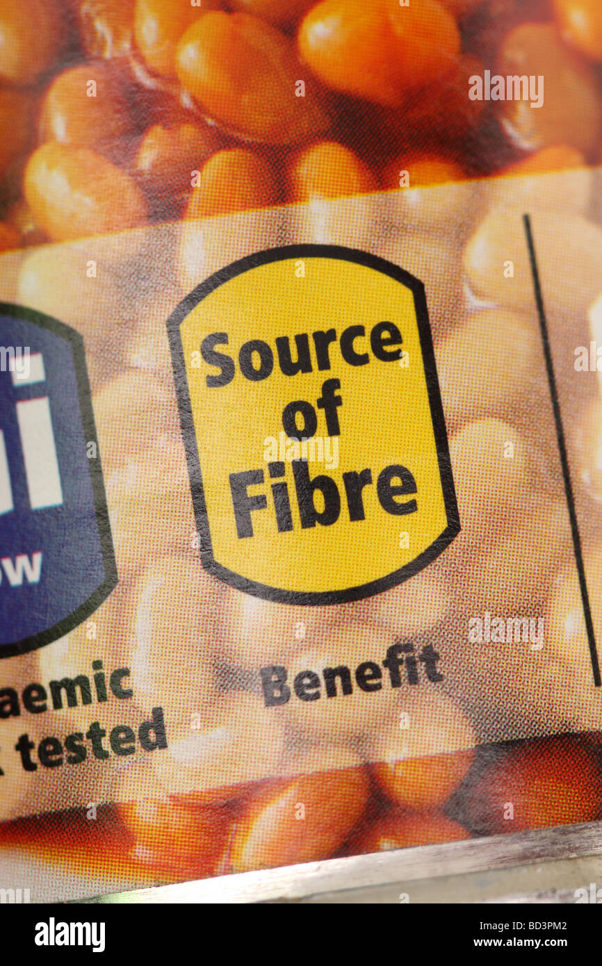 Source of Fibre food can label on a tin of baked beans Stock Photo