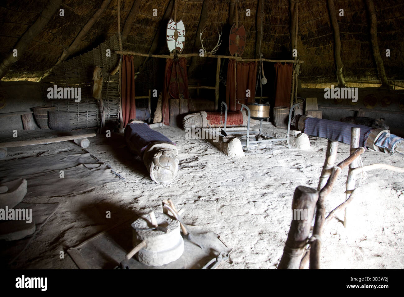 House interior Castell Henllys iron age village Pembrokeshire Wales Stock Photo