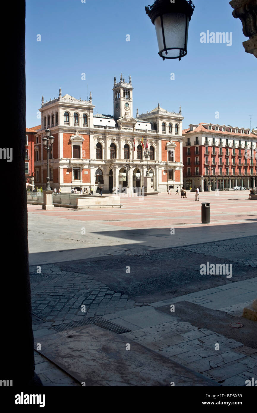Valladolid, Plaza Mayor with the Ayuntimiento (Town Hall) , left Stock Photo