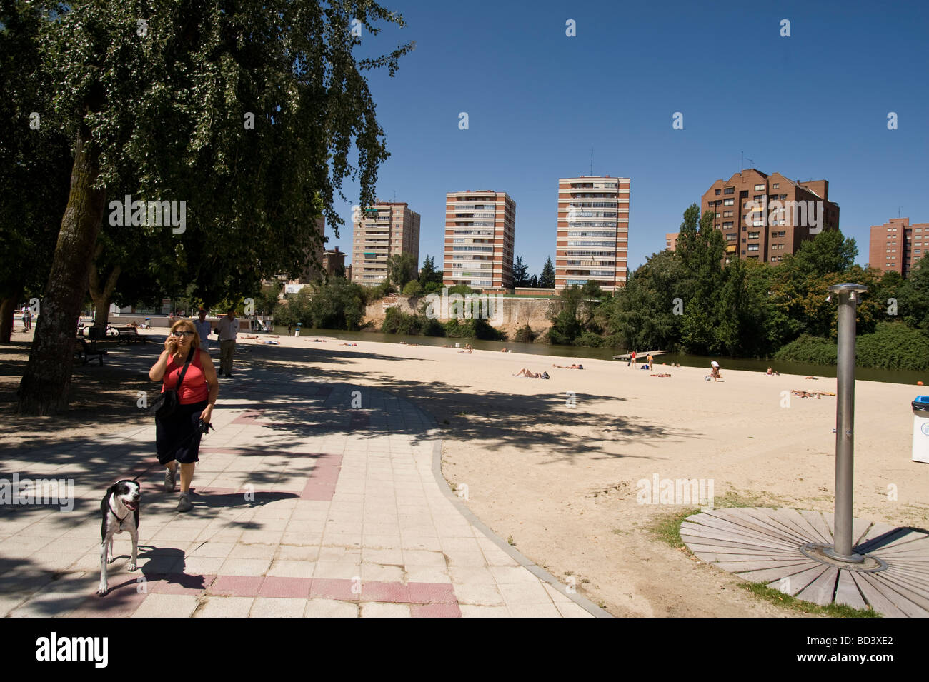 Valladolid, Playa de Las Moreras, man made beach on the Rio Pisuerga in the centre of the Town Stock Photo