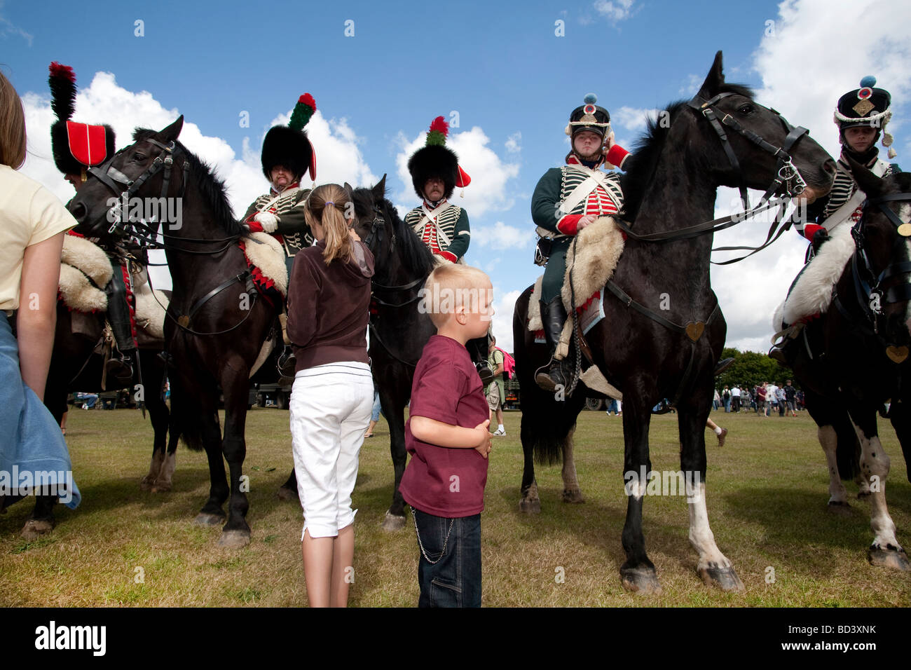 Visitors greet mounted American Civil War re-enactors at the Colchester Military Festival in Colchester, Essex, England Stock Photo