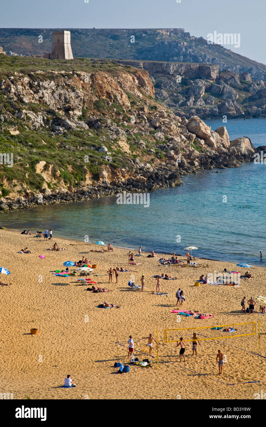 The popular tourist resort of Golden Bay, Malta, EU. Stock Photo