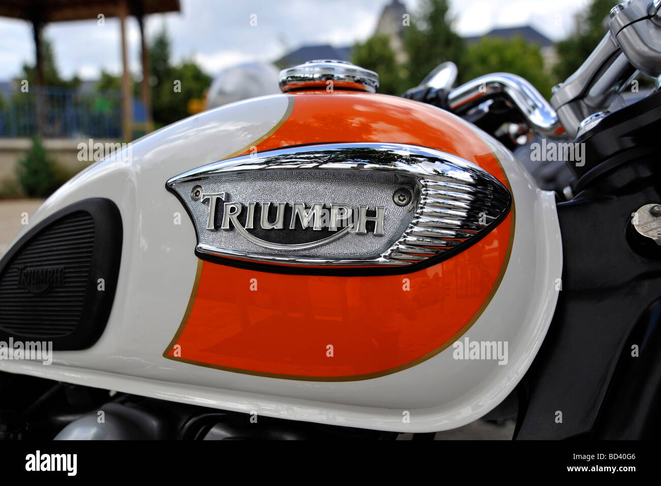 Closeup shot of petrol tank on an old classic Triumph motorcycle Stock Photo