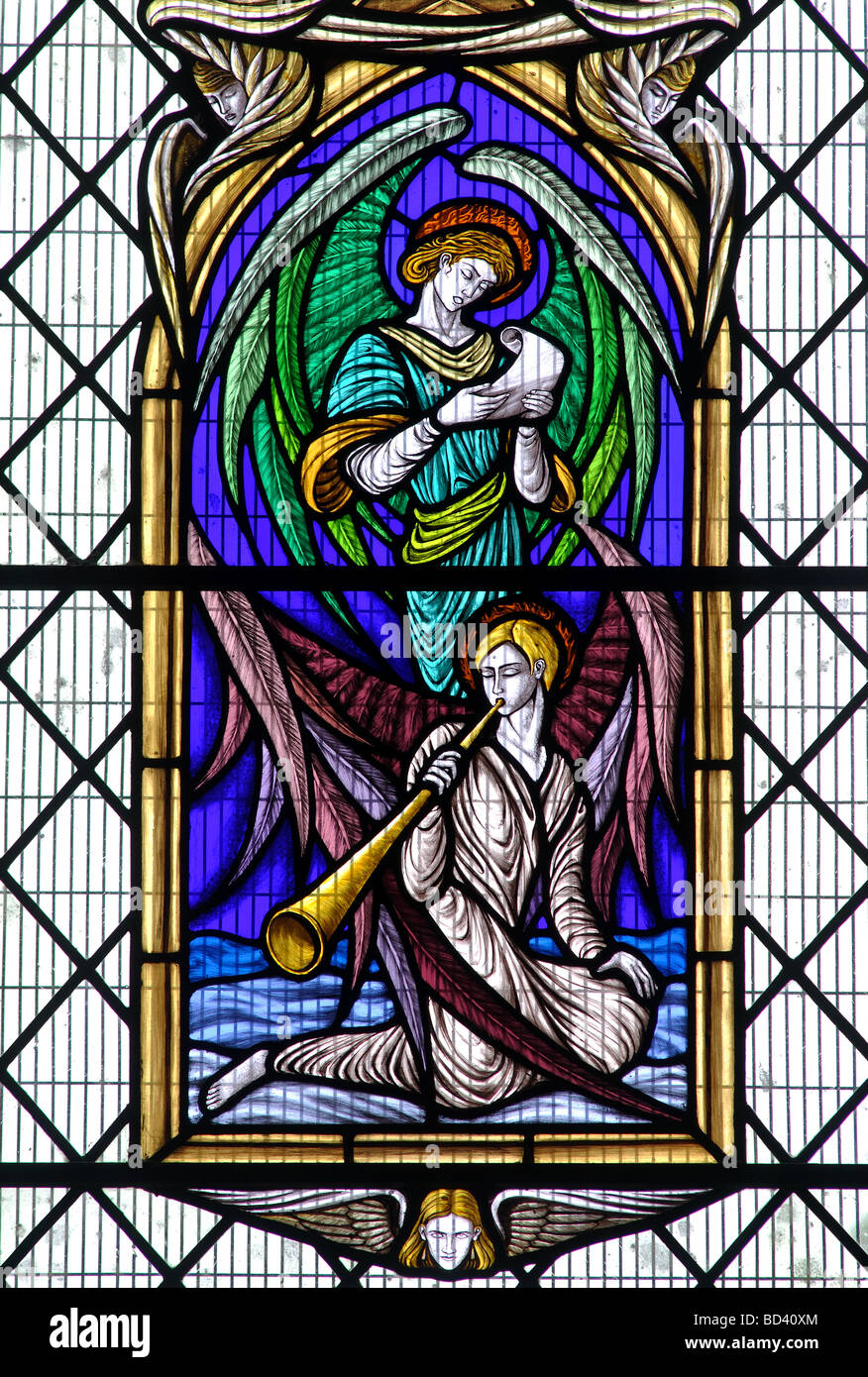 Angel stained glass in St. Nicholas Church, Warwick, Warwickshire, England, UK Stock Photo