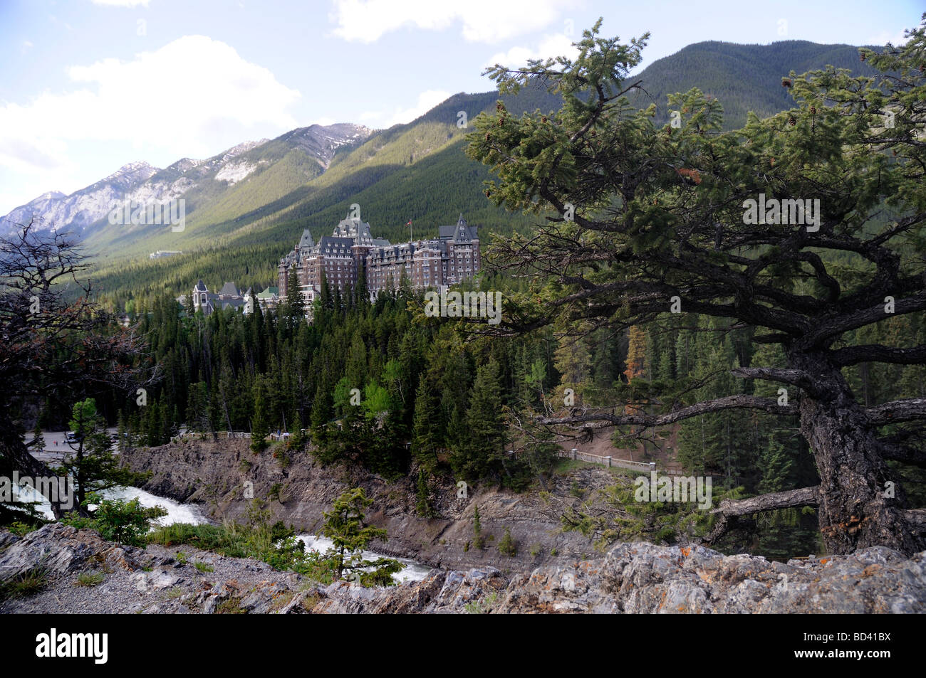 Bow River Falls and the Fairmont Hotel in Banff National Park in ...