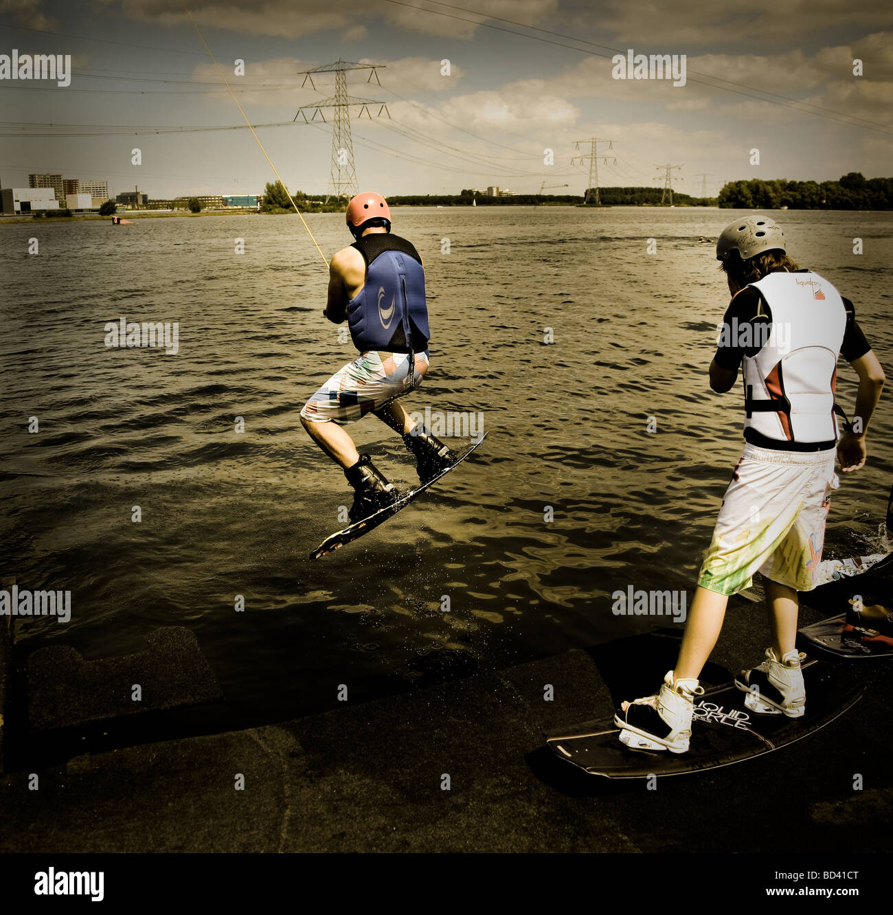 Cable Wakeboarding on the Weerwater Lake in Almere, Netherlands Stock