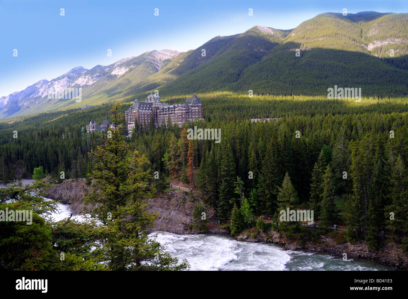 Bow River Falls and the Fairmont Hotel in Banff National Park in ...