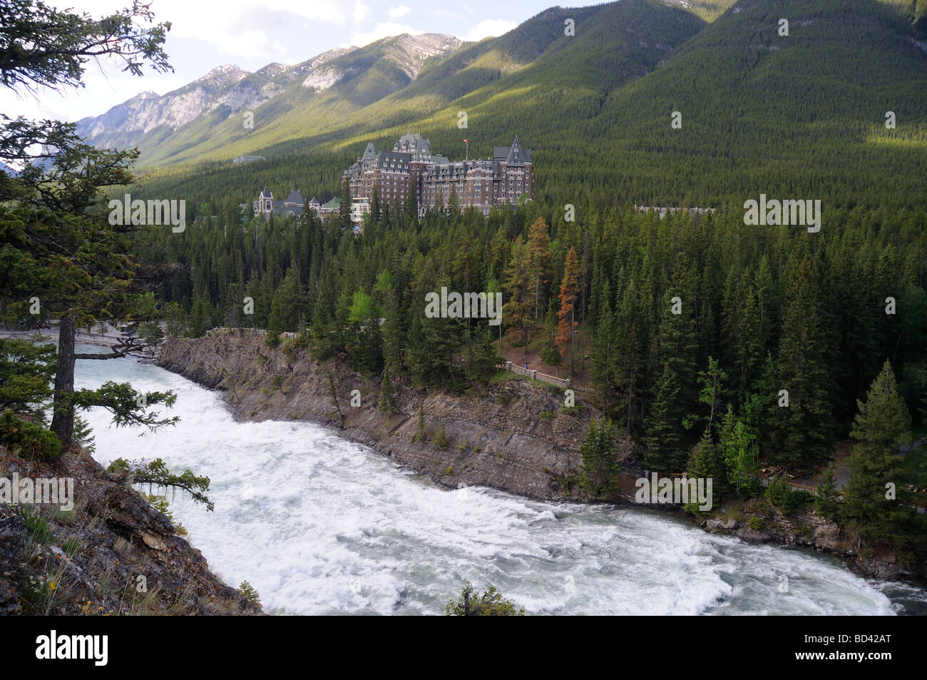 Bow River Falls and the Fairmont Hotel in Banff National Park in ...