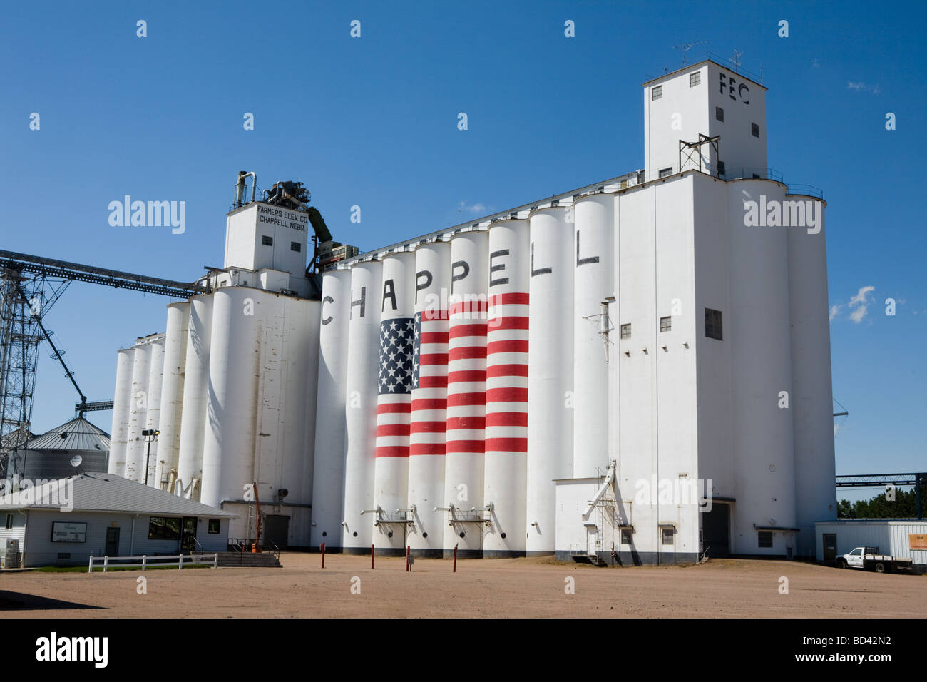 Huge grain silos Chappell Nebraska Stock Photo