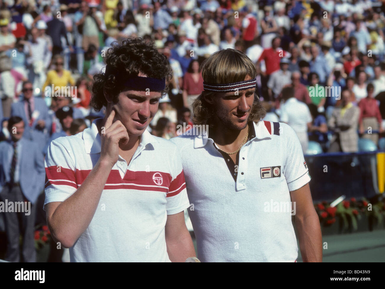 John McEnroe USA and Bjorn Borg SWE before the Men s Final at the 1980 US Open Tennis Championships Stock Photo